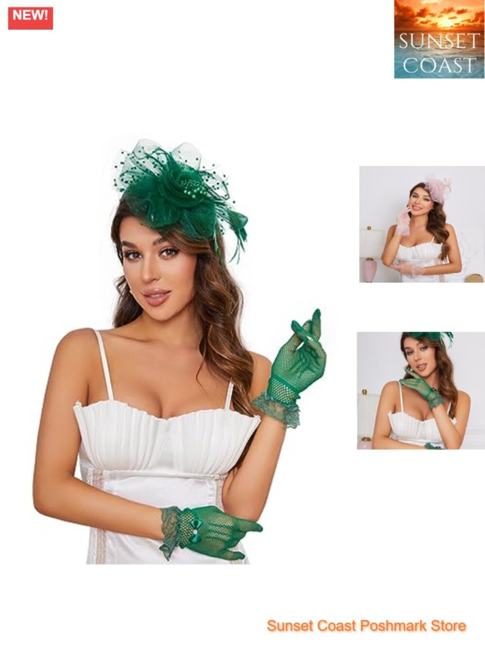 Fascinator Hat Clip & Lace Bowknot Gloves Set for Women Wedding